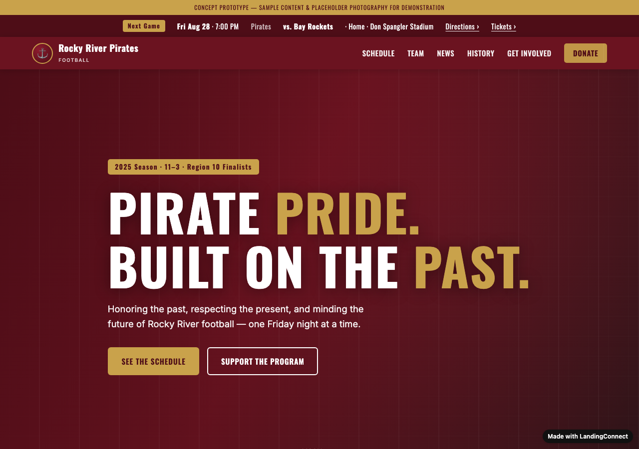 The new Rocky River Pirates site, built with Claude and published on LandingConnect