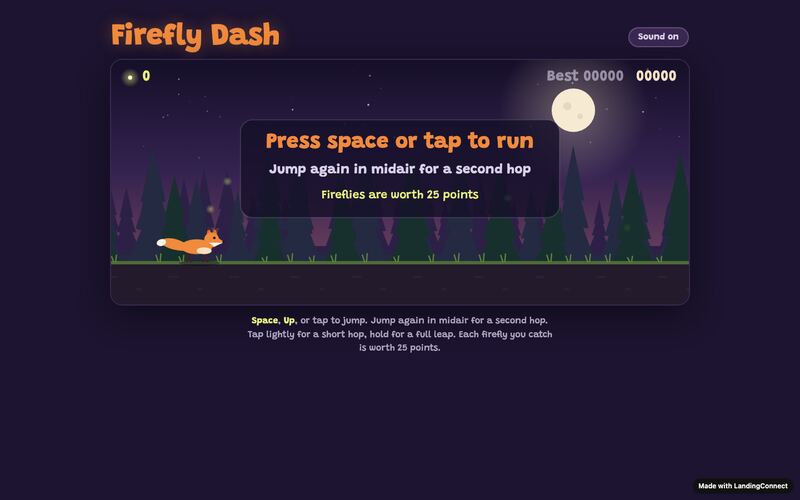 Firefly Dash — a cartoon fox on a forest path at dusk under a purple starry sky and a full moon, with a “Press space or tap to run” start panel and a best-score counter