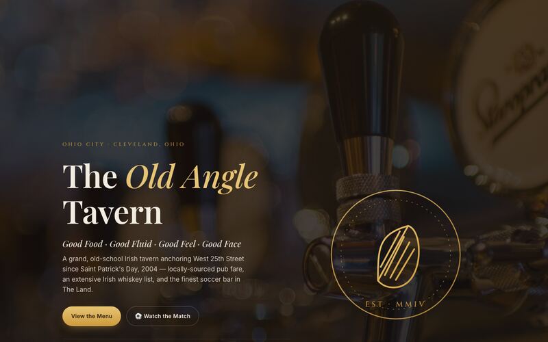 The Old Angle Tavern — a dark, warm pub homepage with a gold serif headline over a blurred beer-tap photo, and “View the Menu” and “Watch the Match” buttons